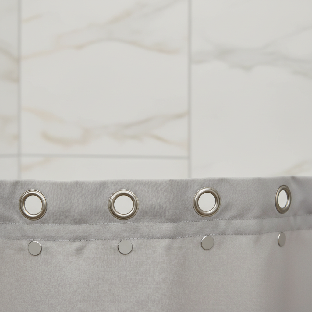 Close-up of weighted hem and reinforced grommets on a waterproof shower curtain