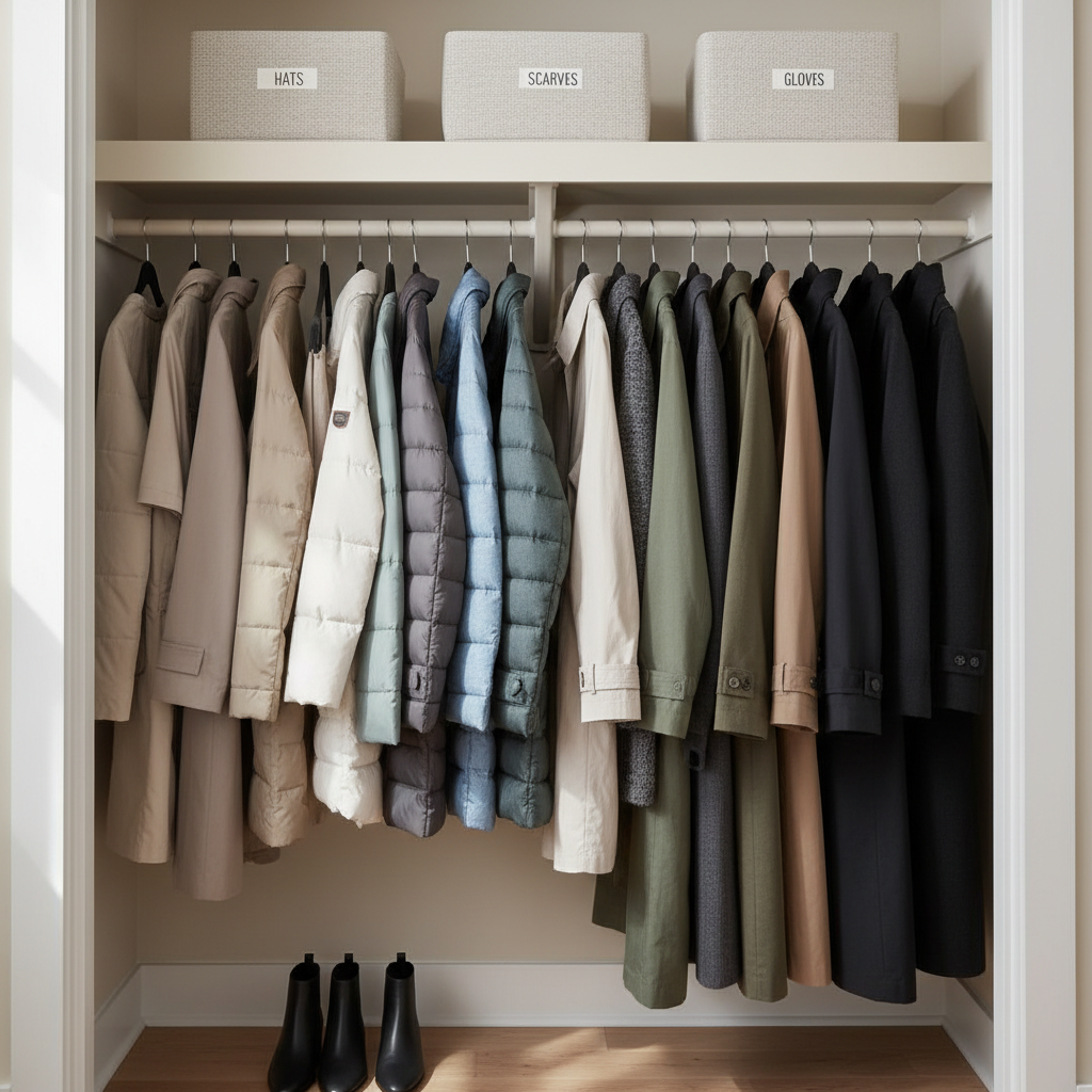 Small closet with winter coats organized by length and color on slim hangers