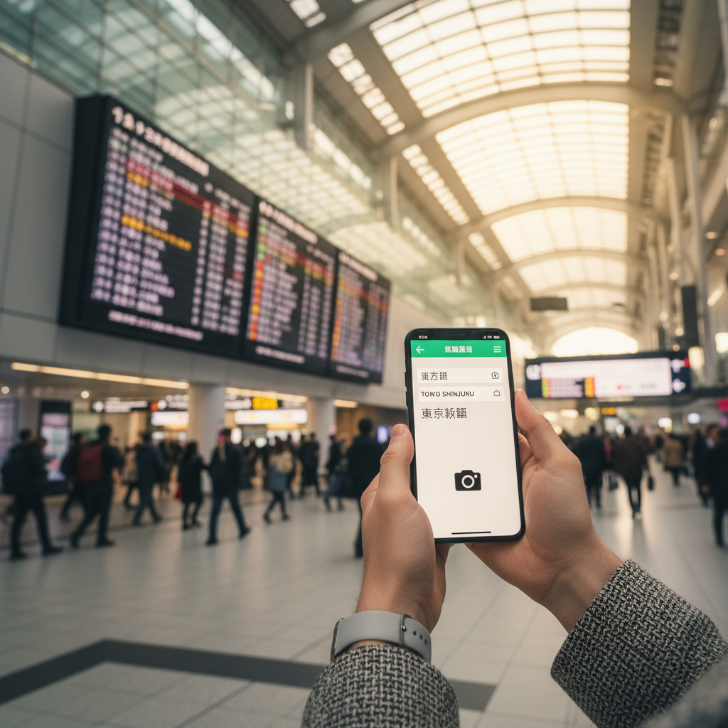 Traveler using a translation app to read a foreign-language train station sign