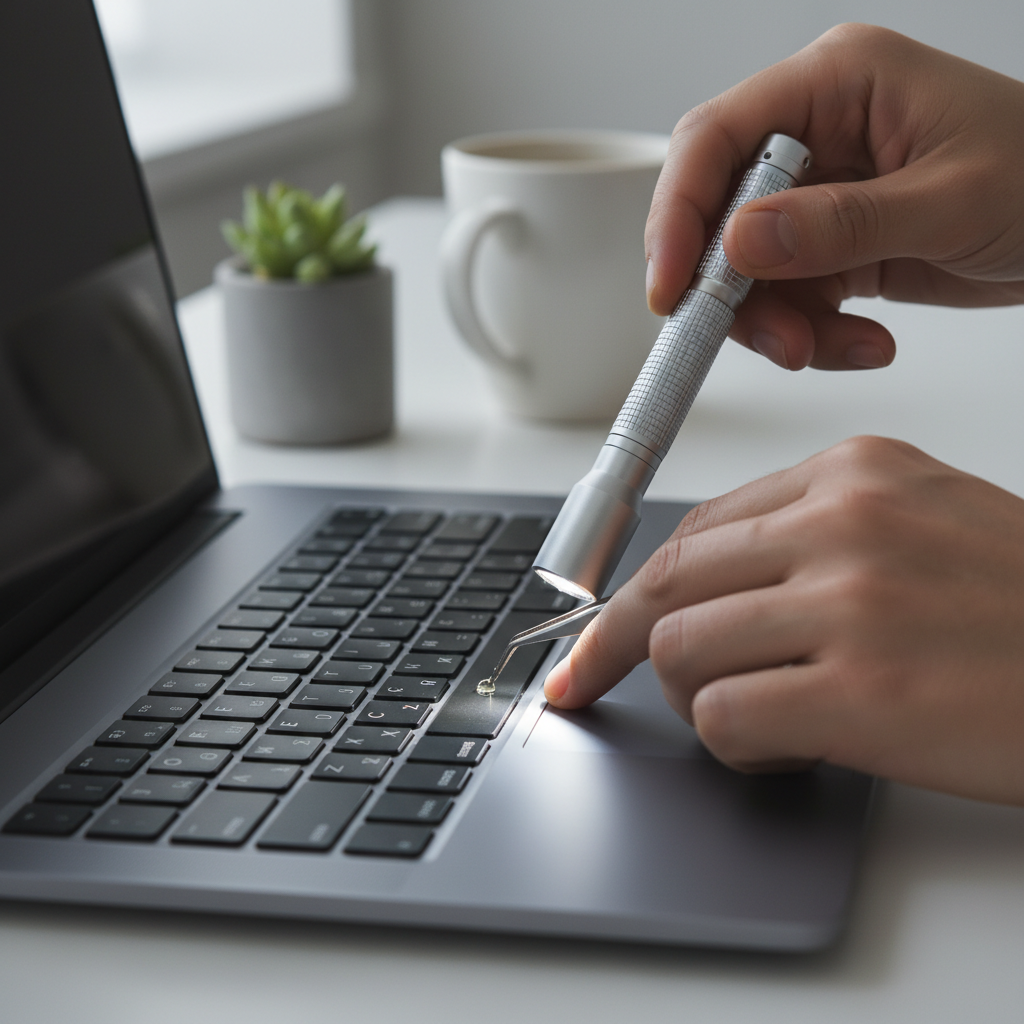 Laptop keyboard with a sticky key being inspected under bright light