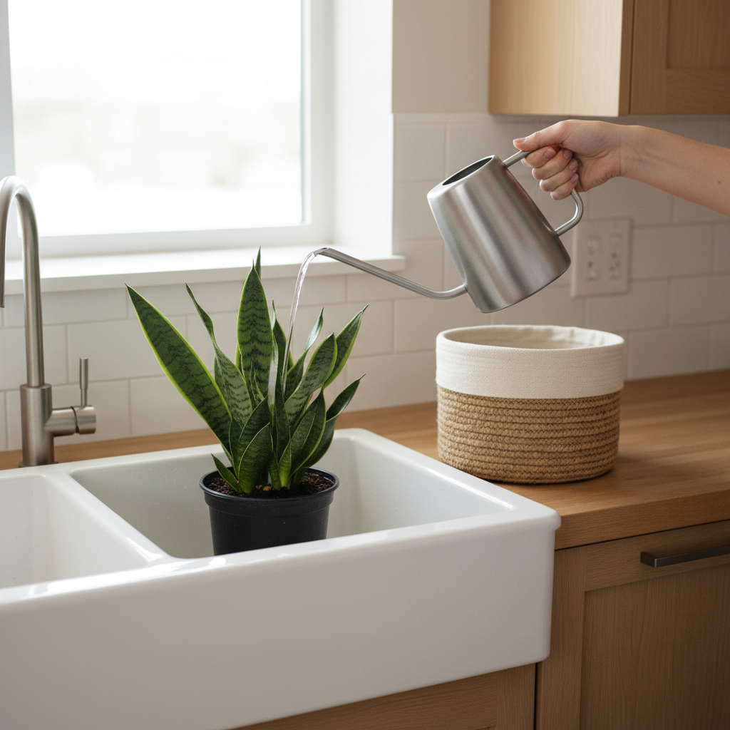 Indoor plant being watered in a sink with basket planter nearby for drip-free routine