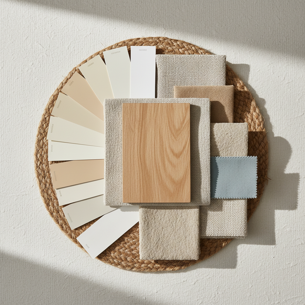 Neutral coastal palette with warm whites, sand tones, and natural wood swatches