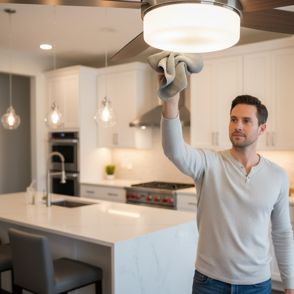 Wiping ceiling fan motor housing and light fixture without spreading dust