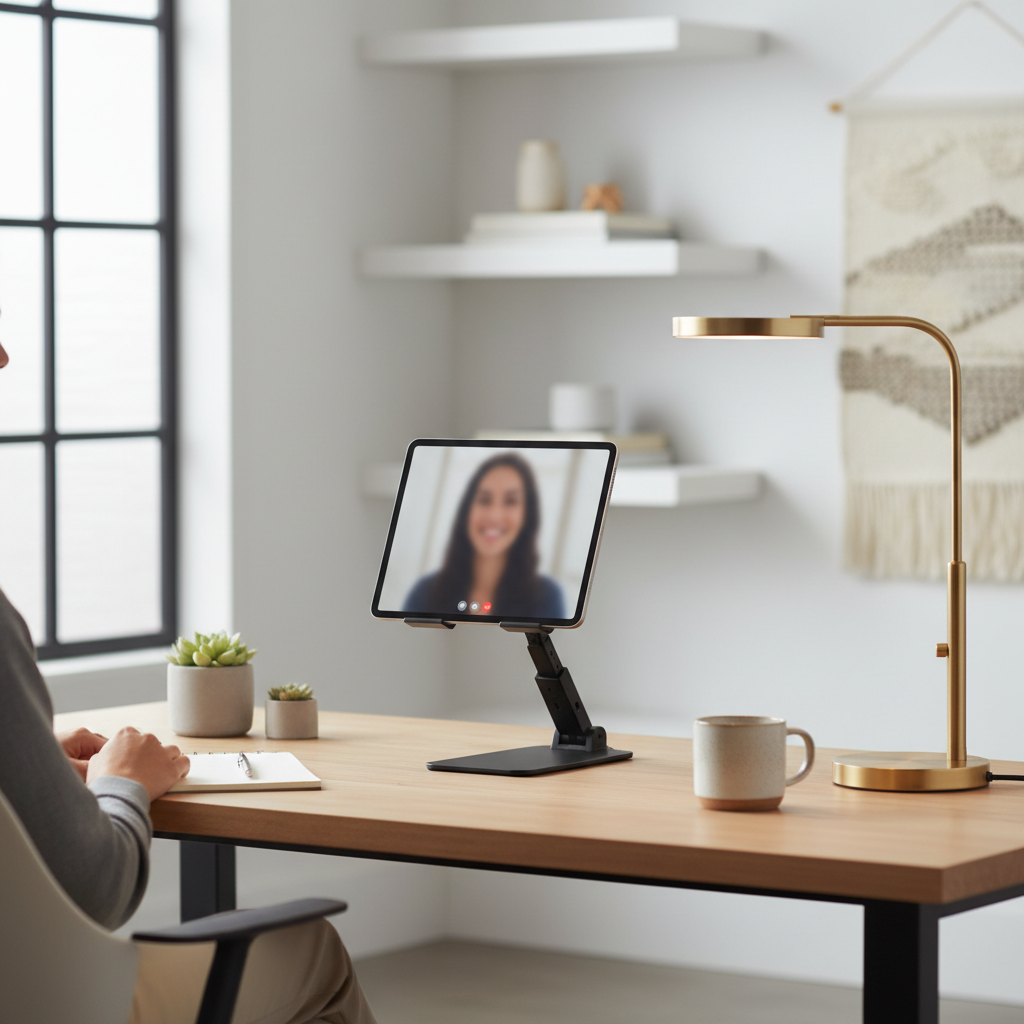 Tablet stand positioned on a desk with good lighting for a video call