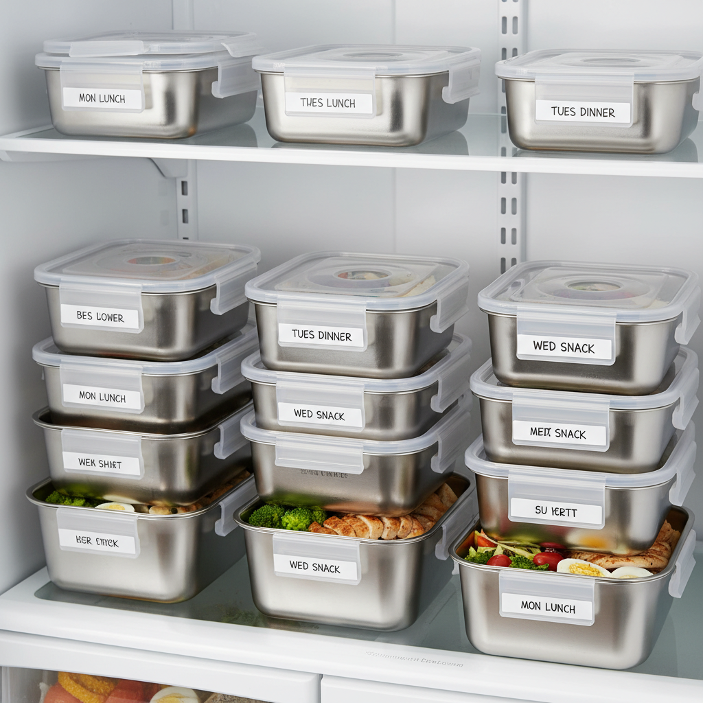 Meal prep stainless steel food containers stacked in a refrigerator
