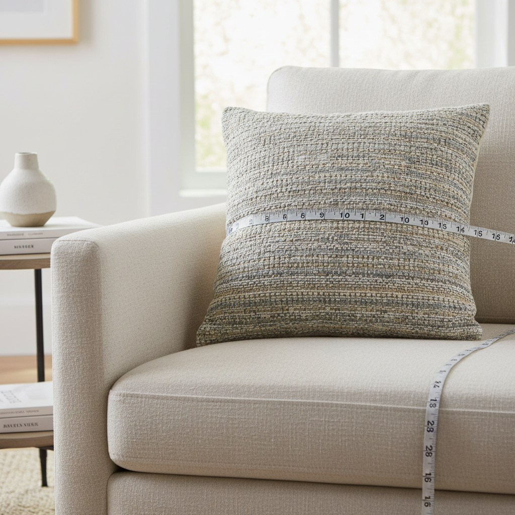 Throw pillow insert and cover sizing shown on an armchair
