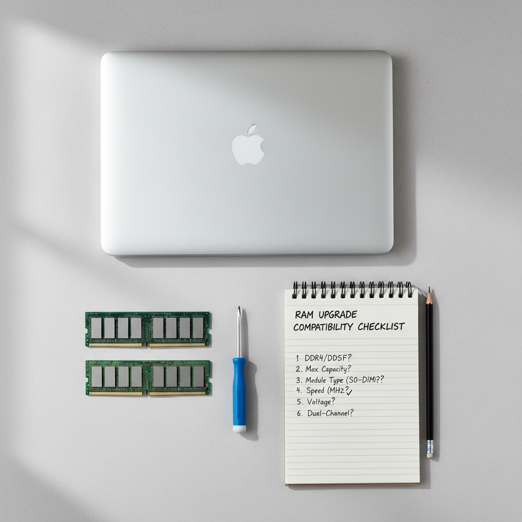 Laptop RAM upgrade planning with tools and memory modules