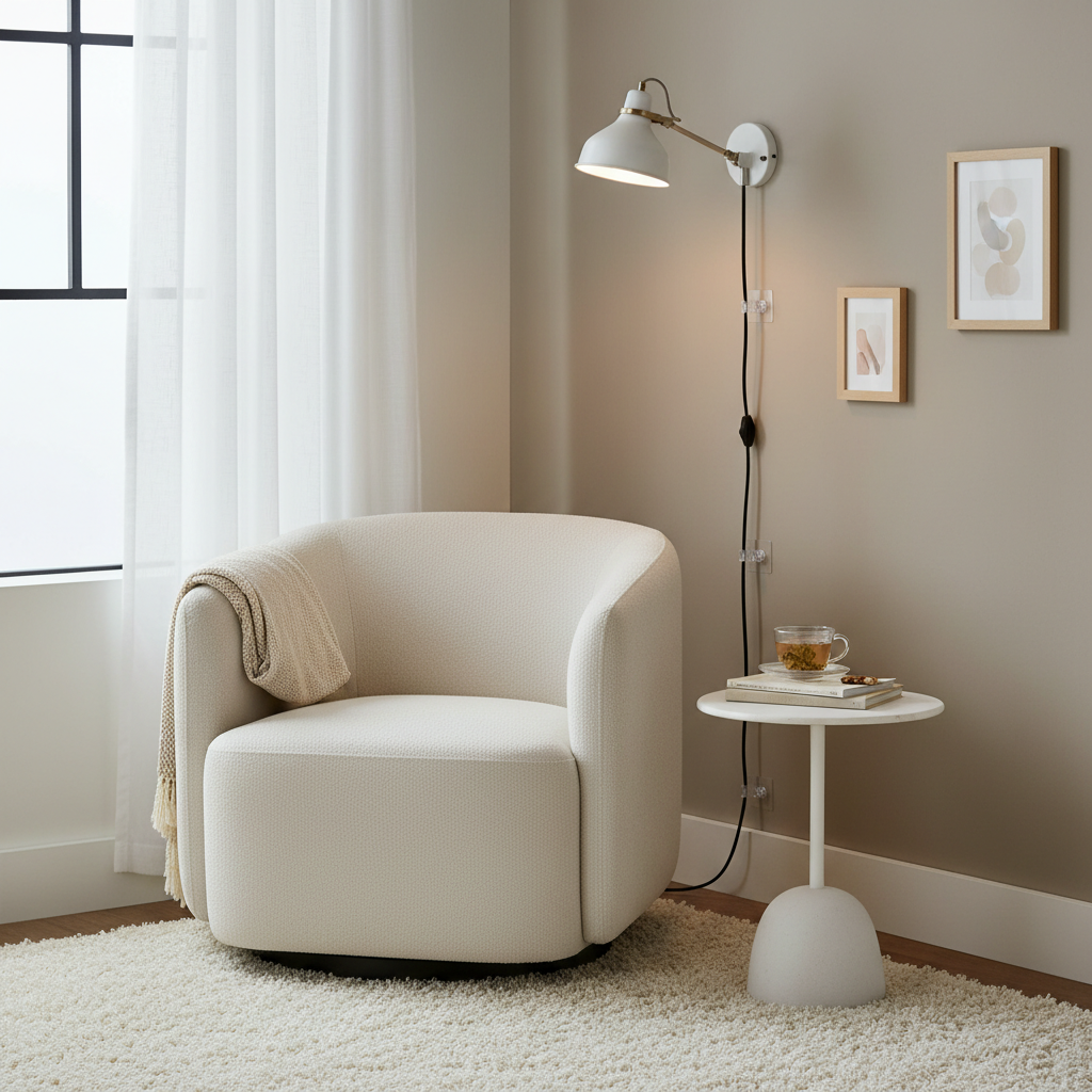 Renter-friendly reading nook setup with plug-in wall sconce, peel-and-stick hooks, and compact chair