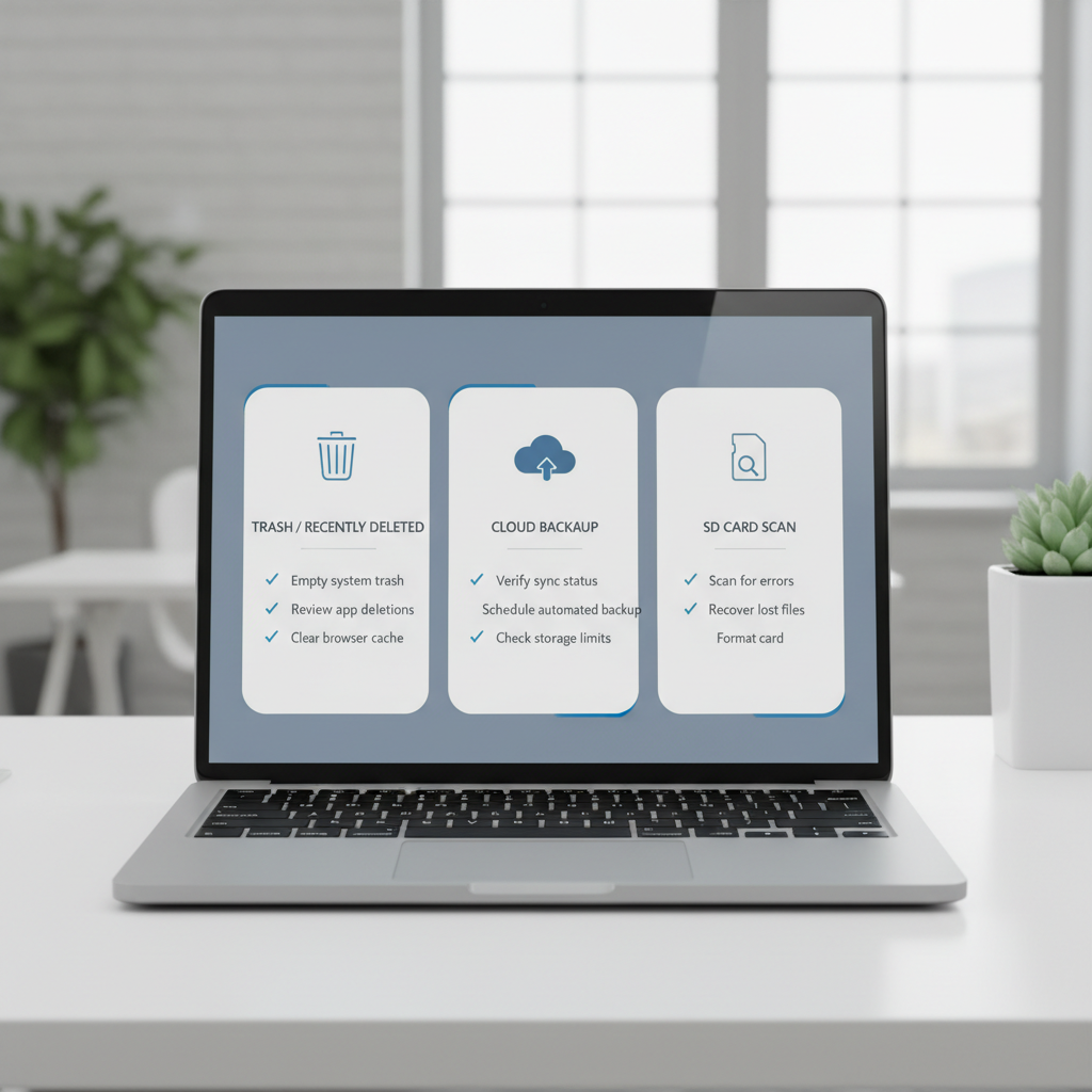 Photo recovery checklist showing trash folder, cloud backup, and SD card options