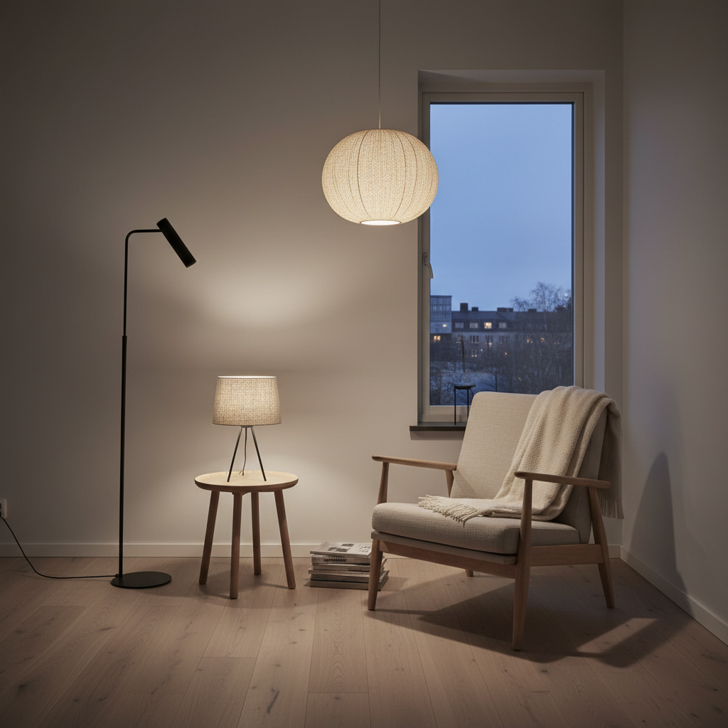 Layered Scandinavian lighting with pendant, floor lamp, and table lamp in a cozy corner