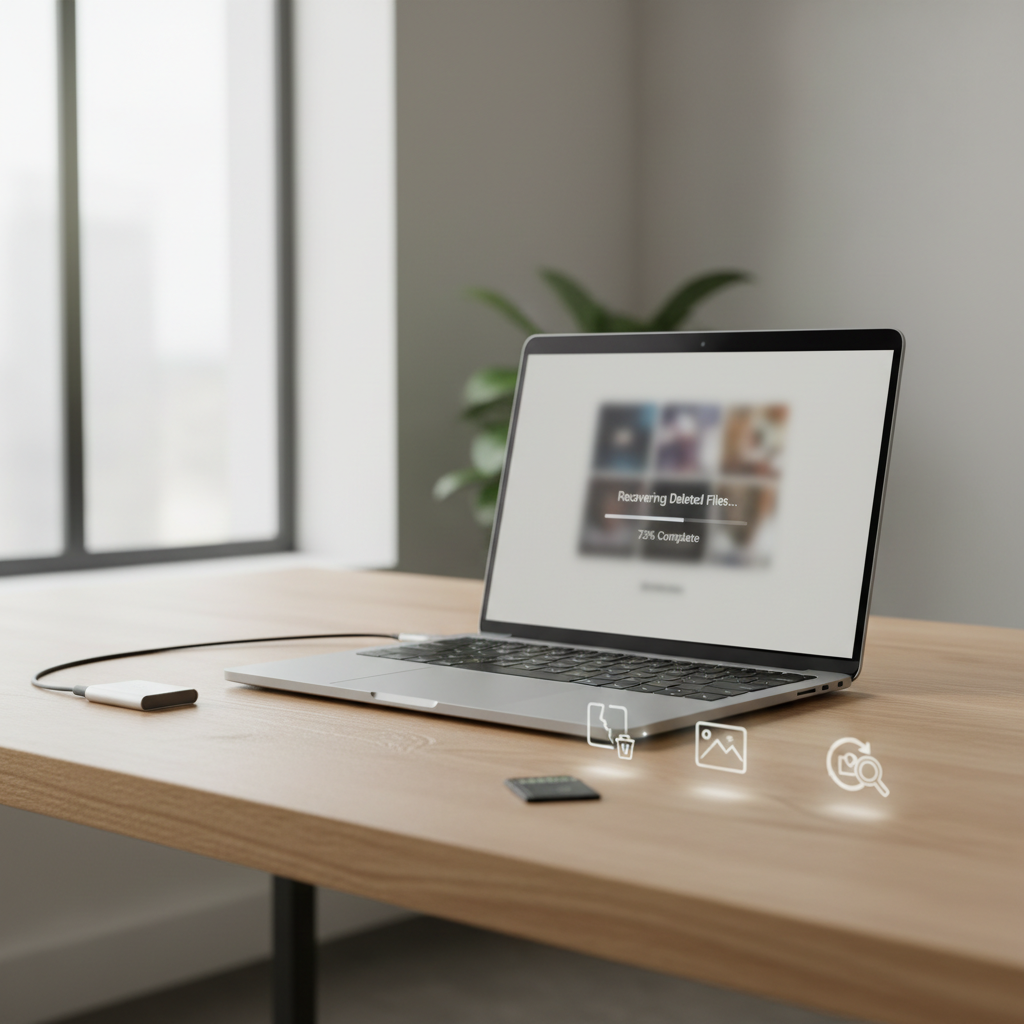 Memory card file recovery setup with SD card and laptop
