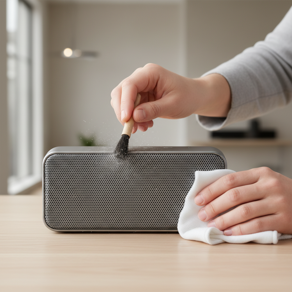 Cleaning and inspecting a Bluetooth speaker grille to reduce buzzing and distortion