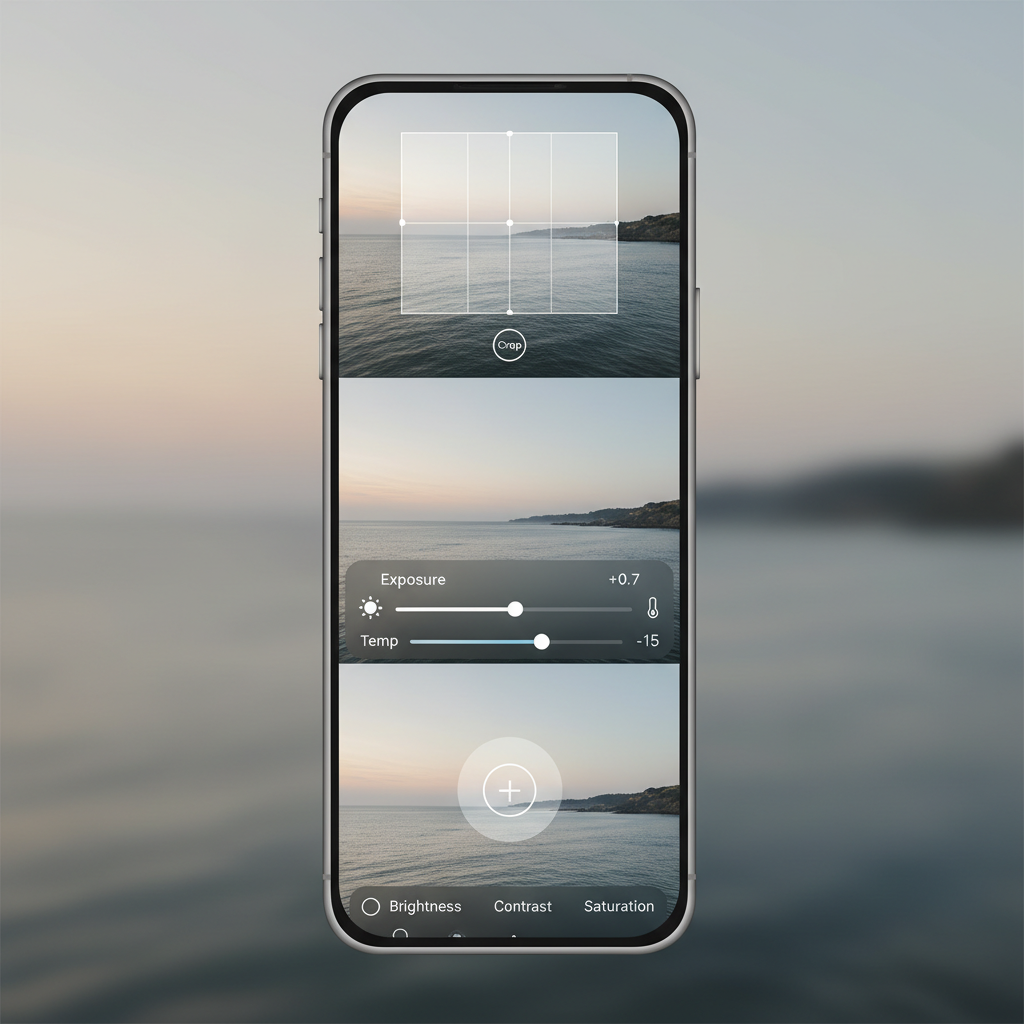 Step-by-step phone photo editing workflow with sliders and crop tools