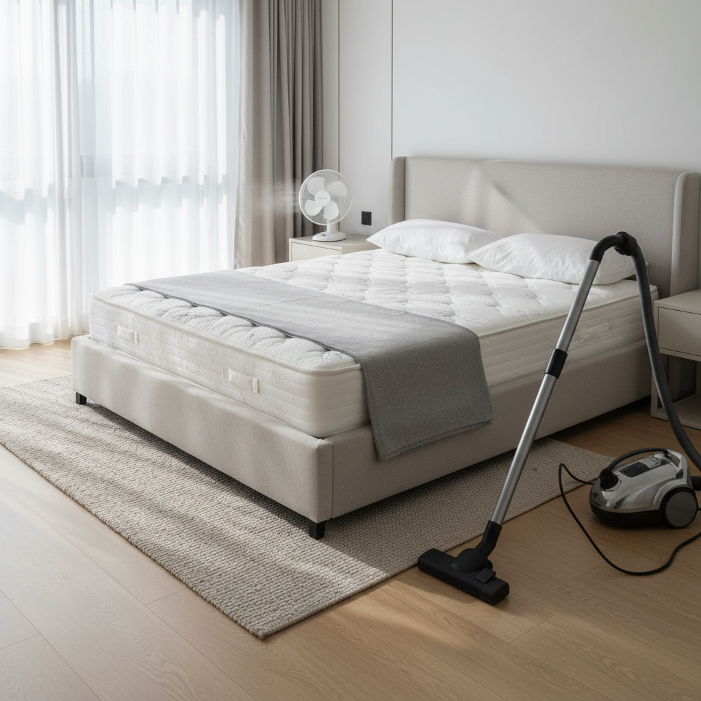 Baking soda deodorizing a mattress before vacuuming, with fan drying in a bright bedroom