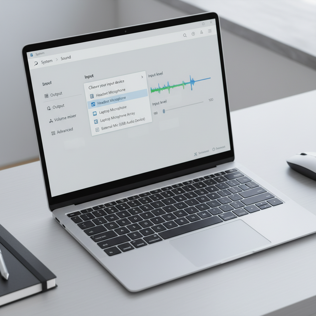 Windows microphone settings showing input device and input level meter