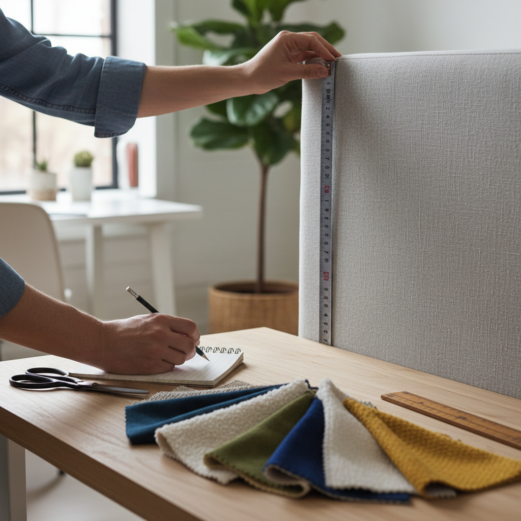 Measuring a headboard for a DIY fabric cover with tape measure and notes