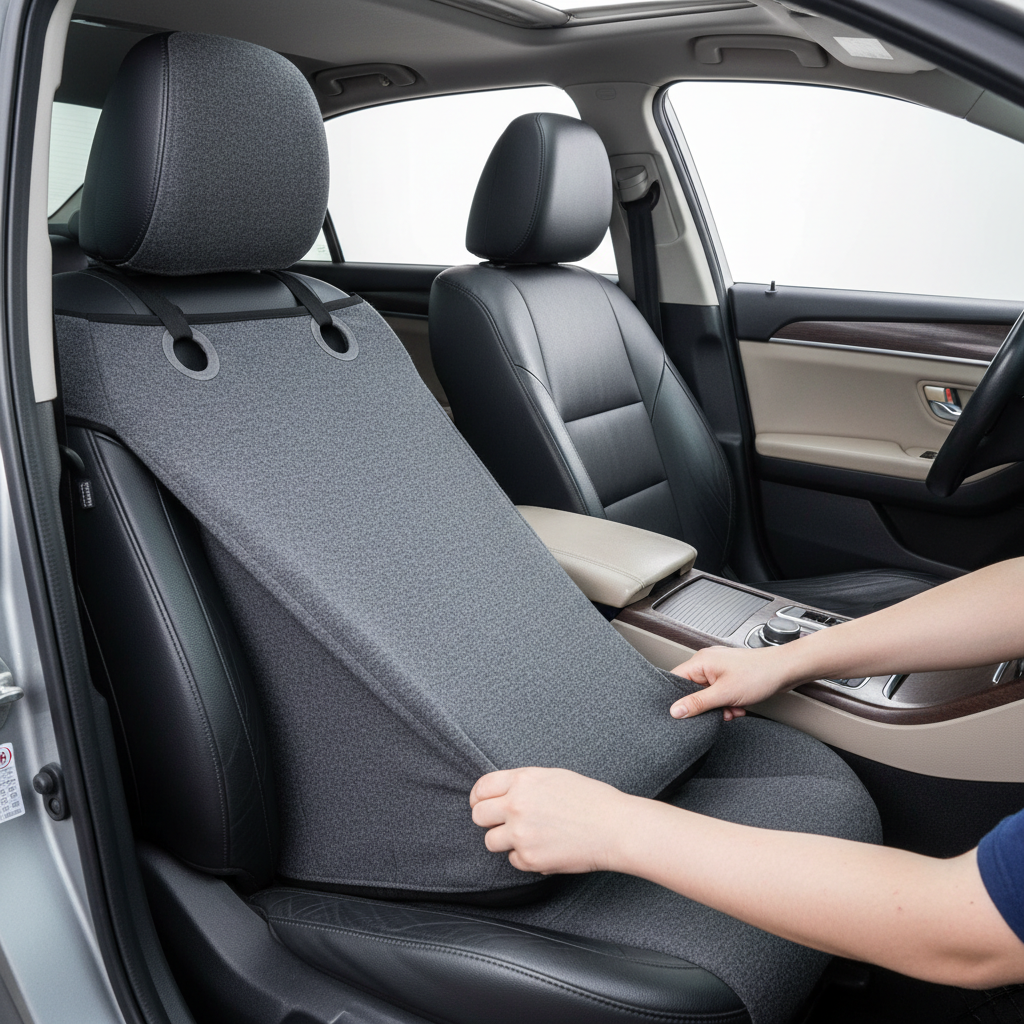 Universal-fit car seat cover being aligned and smoothed on a front bucket seat
