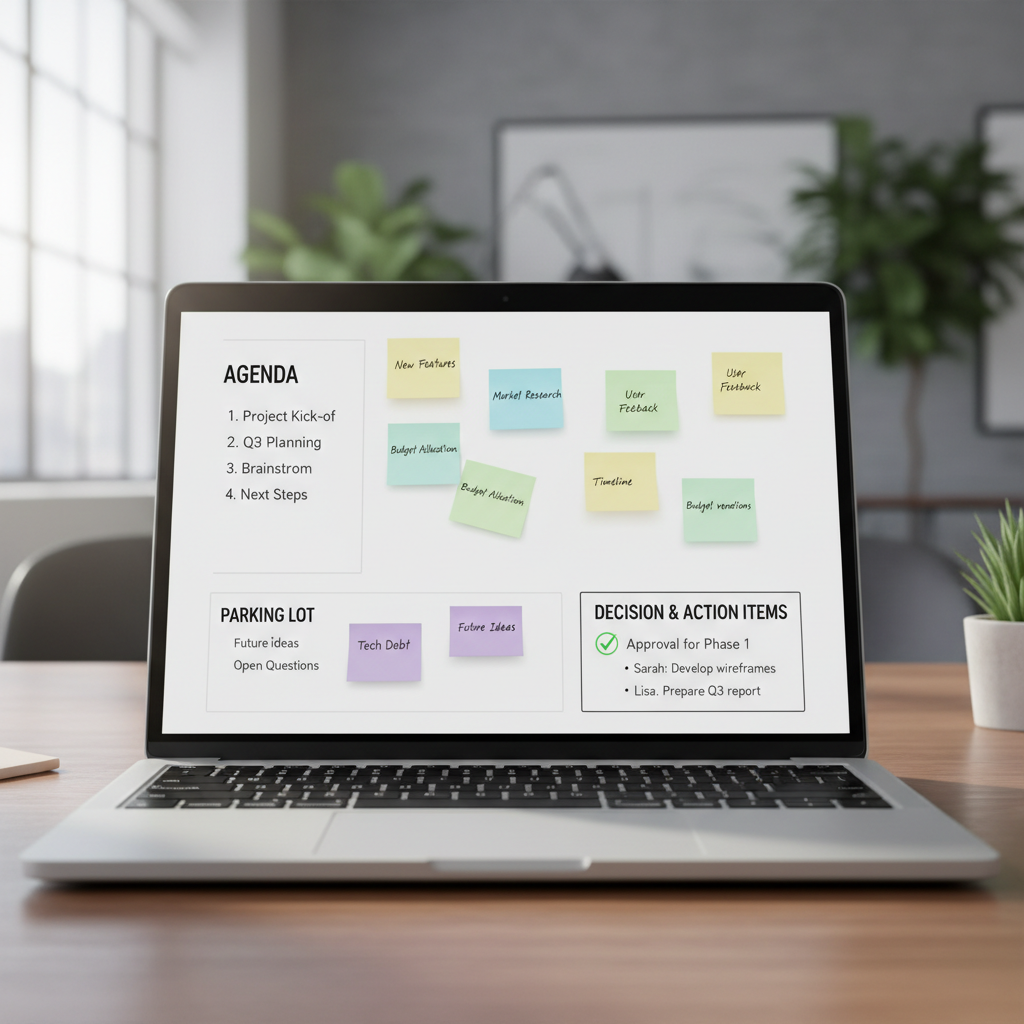 Facilitator view of an online whiteboard with agenda, parking lot, and decision box