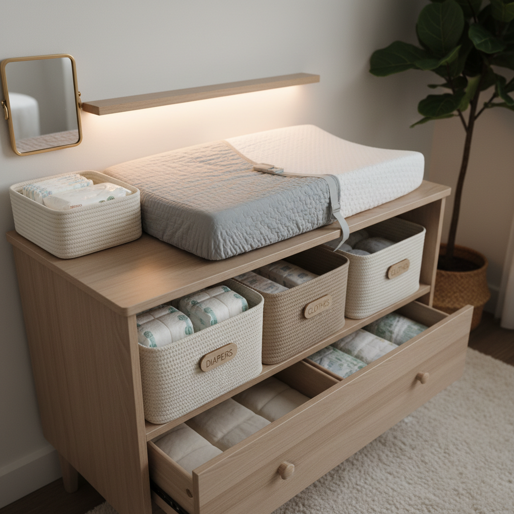 Minimalist nursery changing station on dresser with organized bins