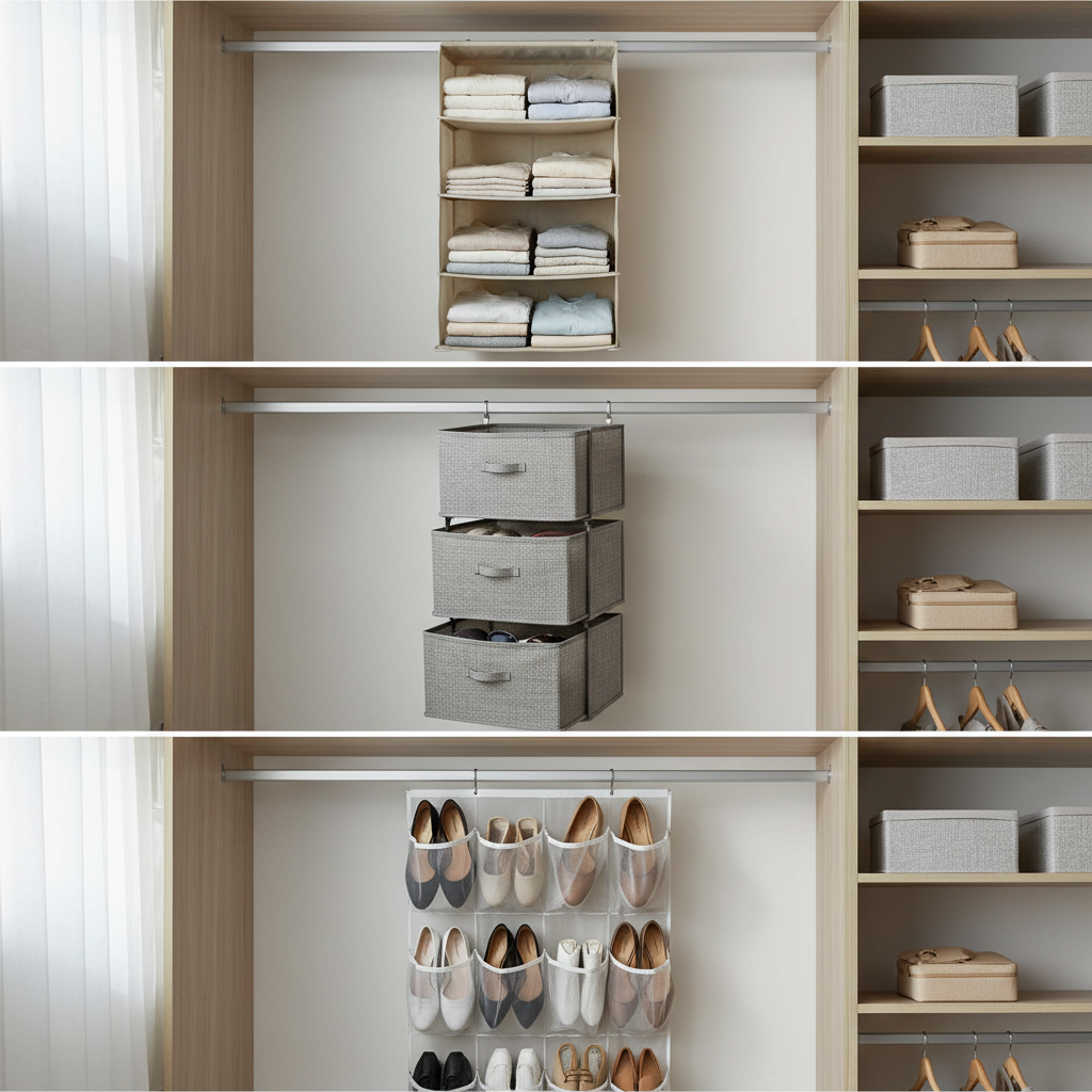 Comparison of hanging closet organizer styles in a reach-in closet