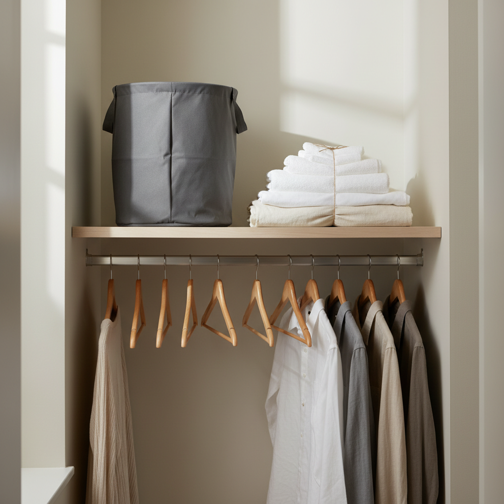 Foldable laundry basket stored flat on a closet shelf in a small apartment