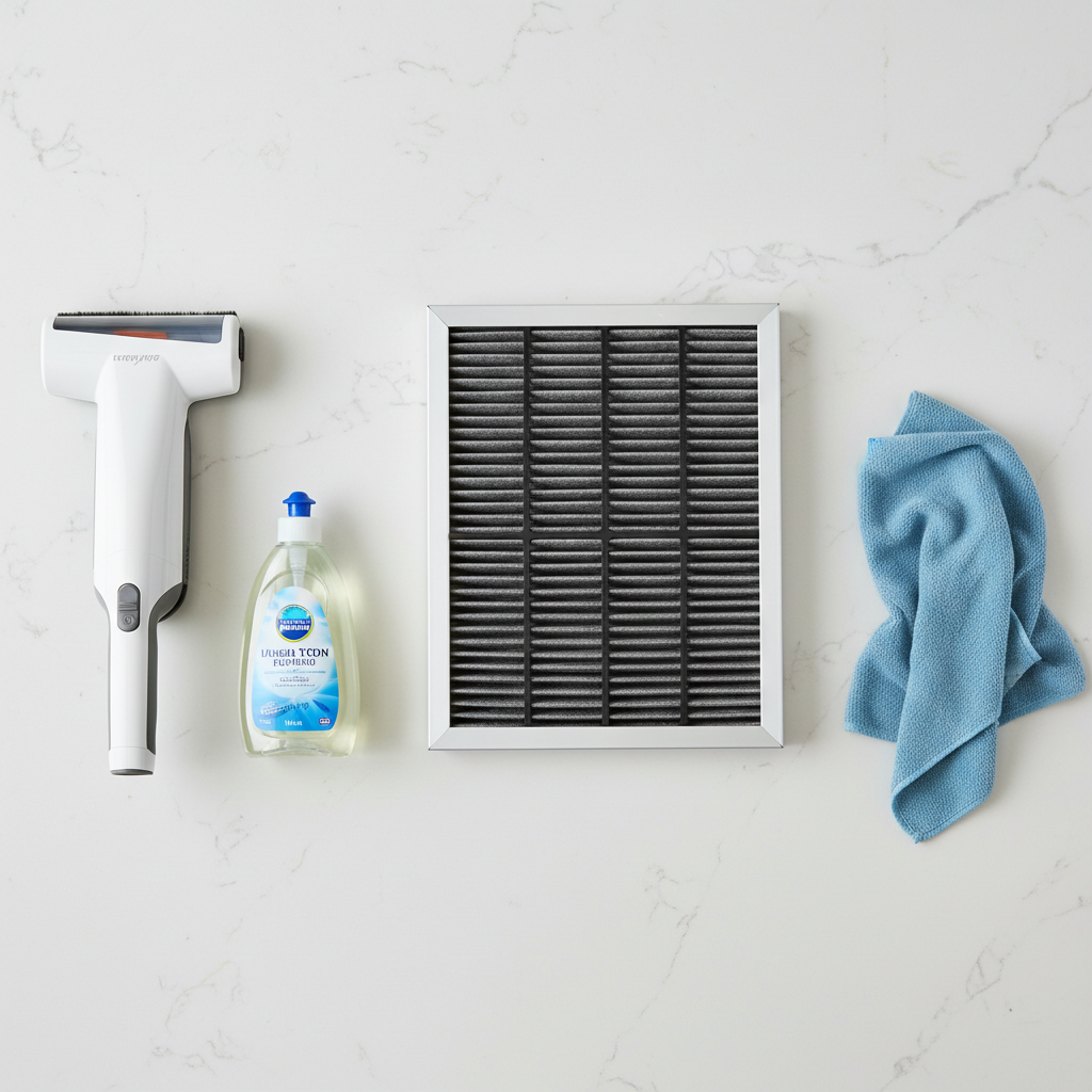 Basic supplies for cleaning an air conditioner filter: vacuum, mild soap, and microfiber cloth