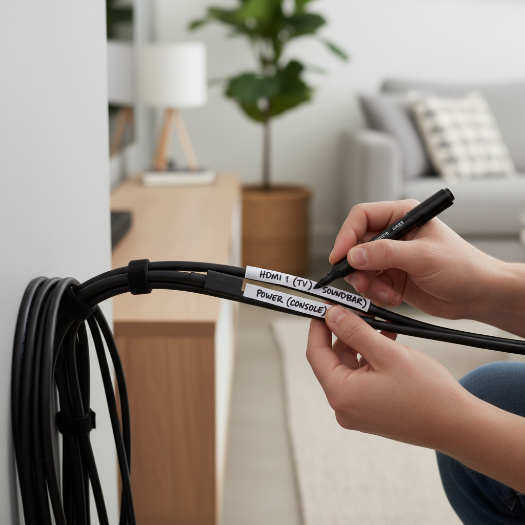 Hands labeling HDMI and power cords behind a TV console for easy cable management