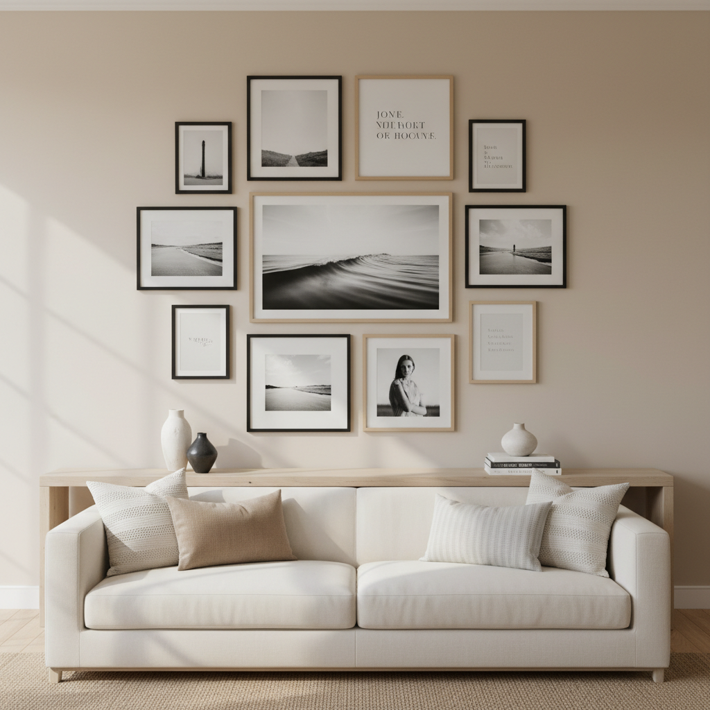 Living room wall gallery with framed photos arranged in a balanced grid