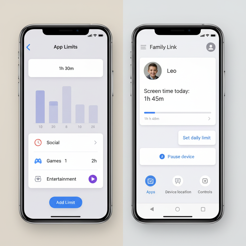 Screen Time and Family Link controls for limiting YouTube usage