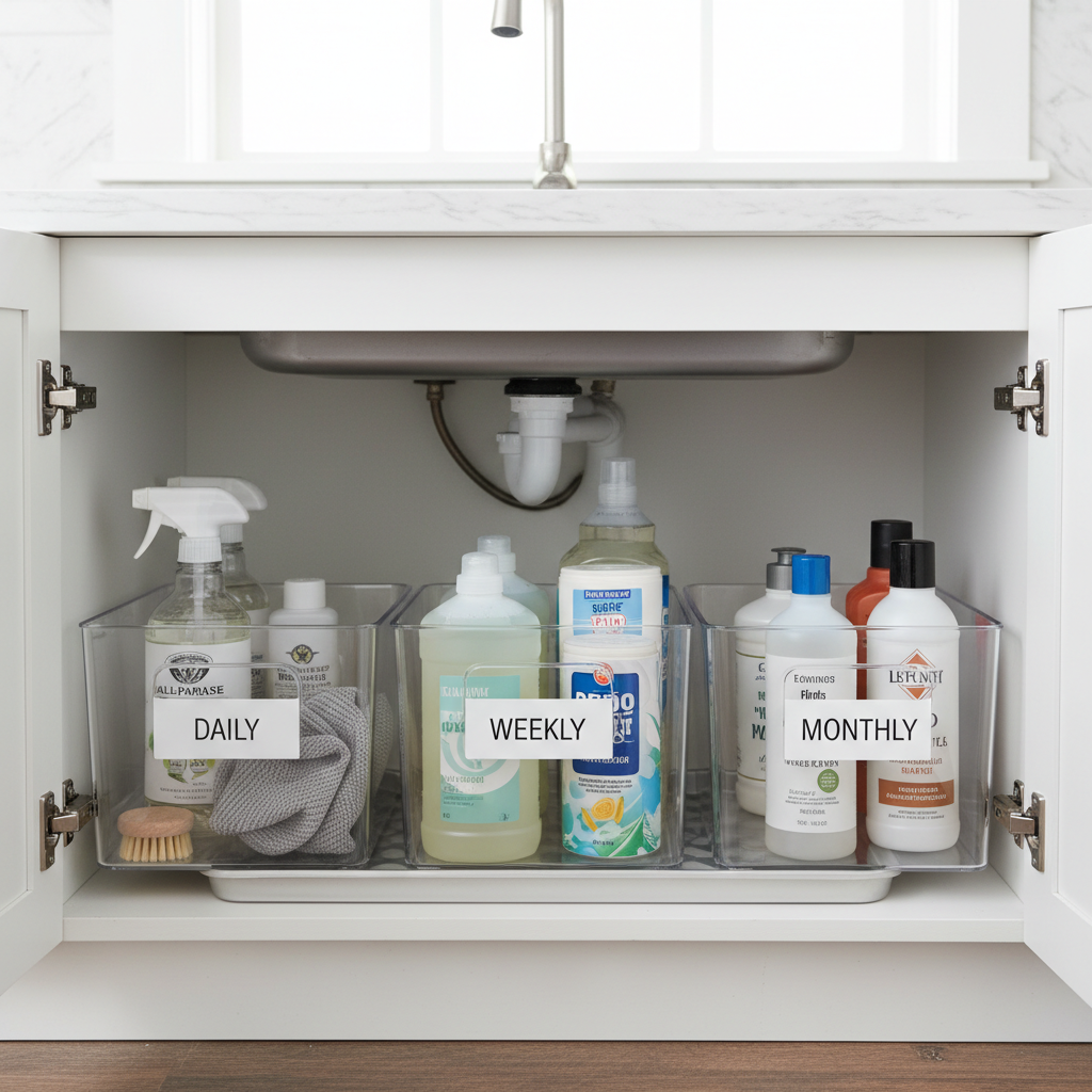 Organized cleaning supplies under a kitchen sink sorted by daily, weekly, and monthly use