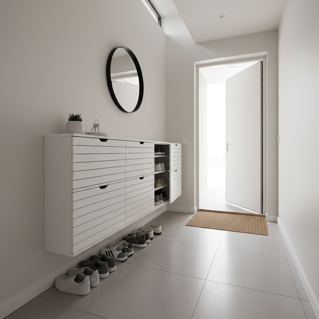 Slim shoe cabinet in a narrow entryway with front door clearance