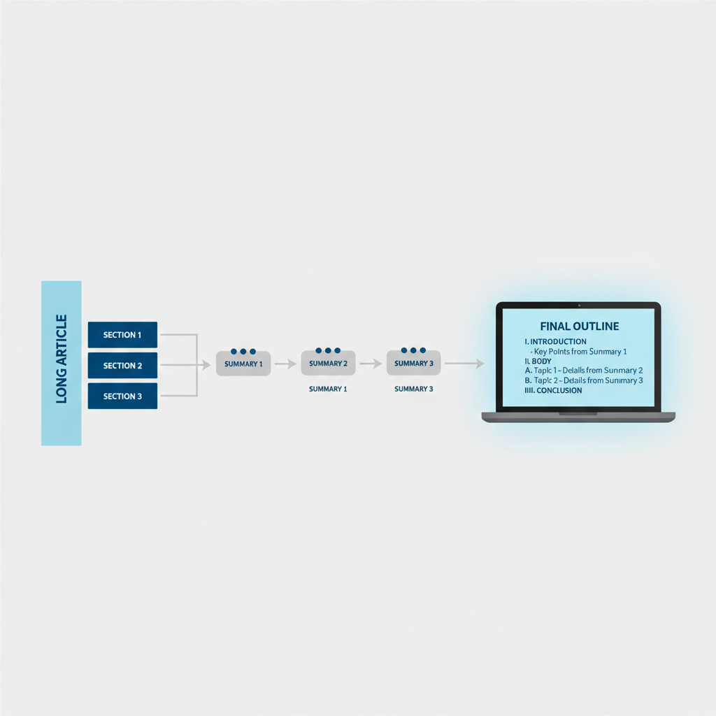 Workflow diagram of chunking a long article and stitching section summaries into one outline