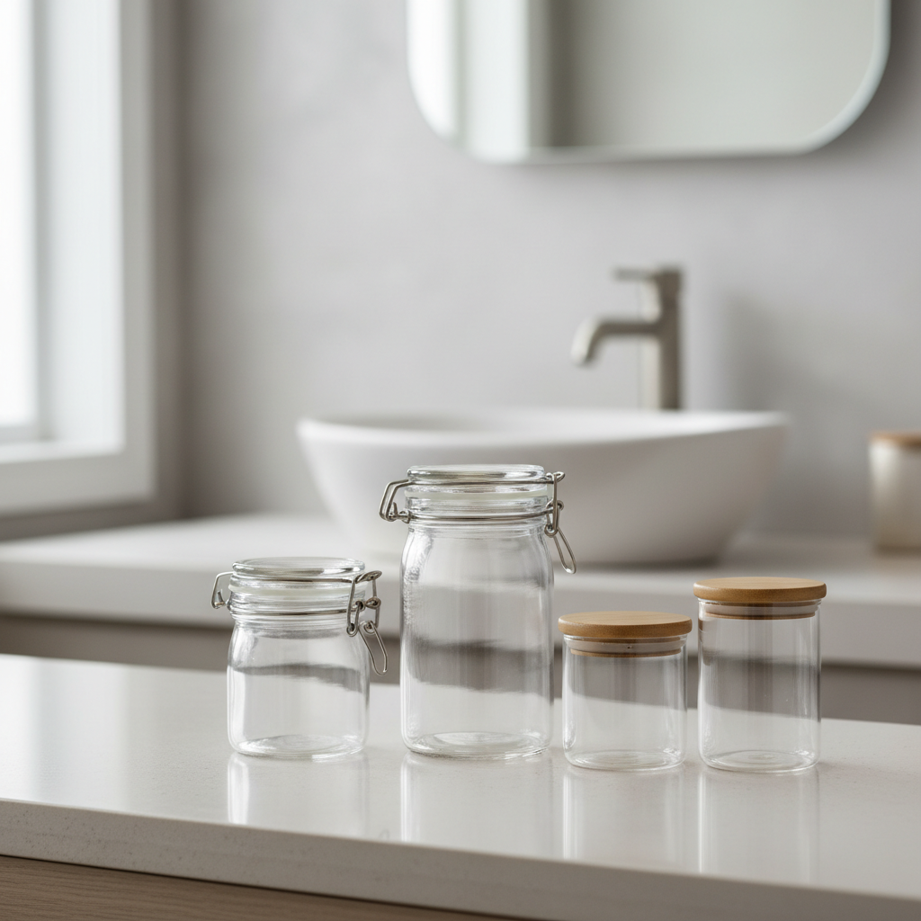 Set of clamp-lid and bamboo-lid glass jars arranged for bathroom storage
