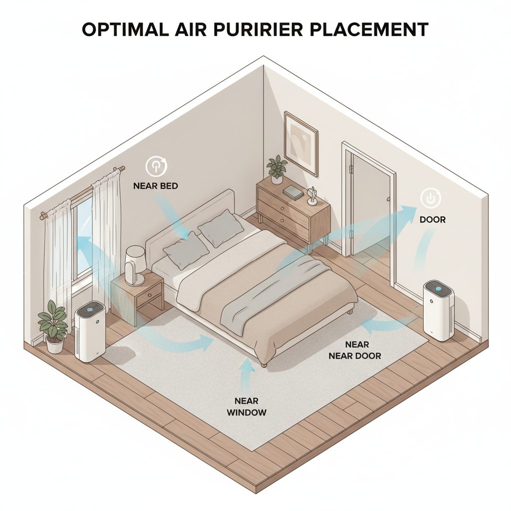 Bedroom air purifier placement options near bed, door, and window