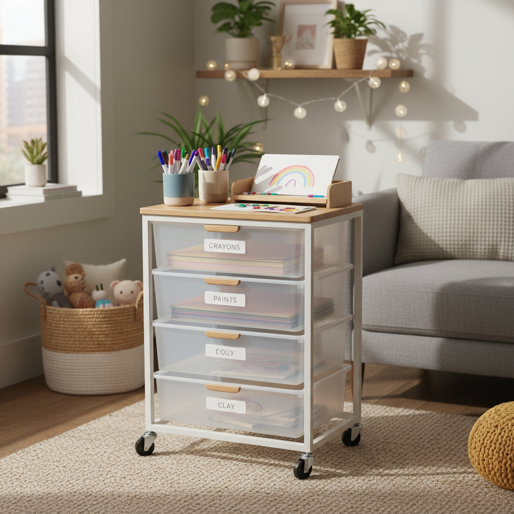 Rolling cart art station for kids in a small apartment living room