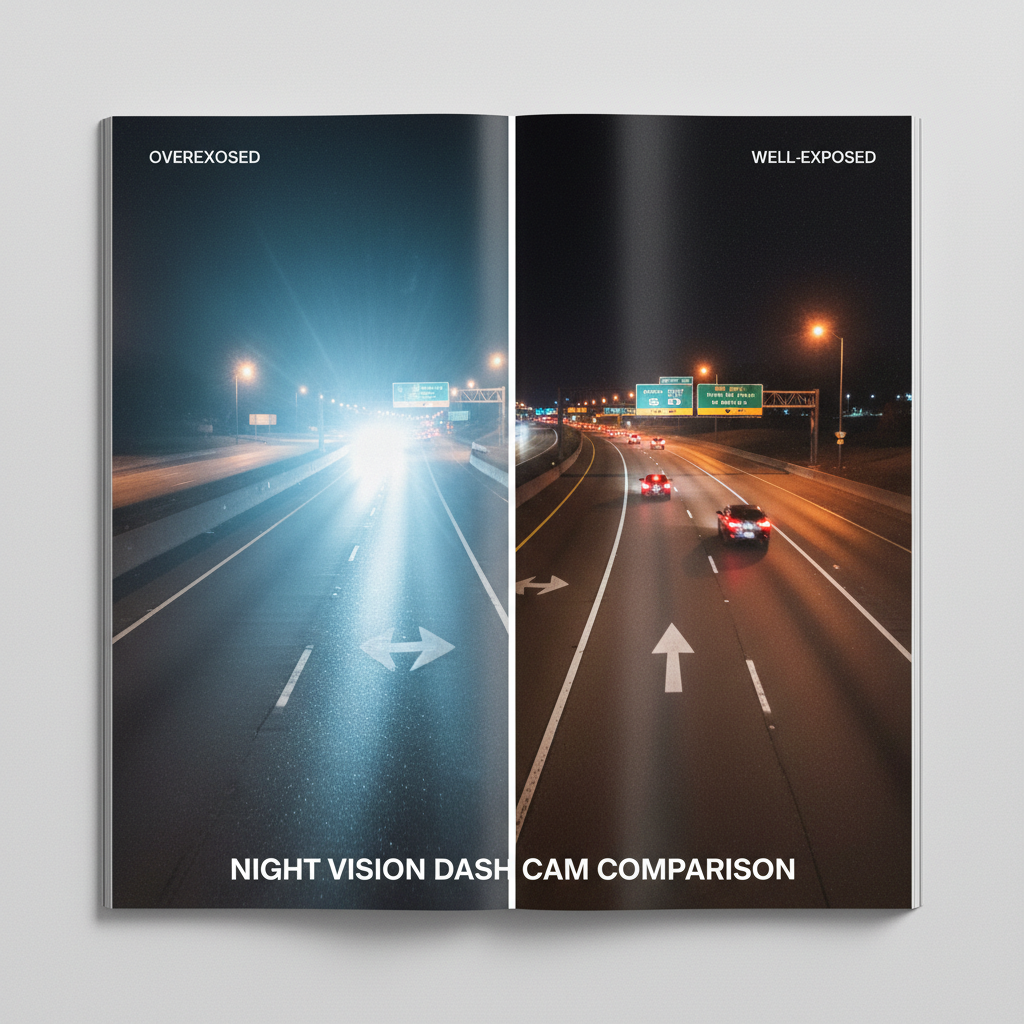 Comparison of night dash cam footage with headlight glare control