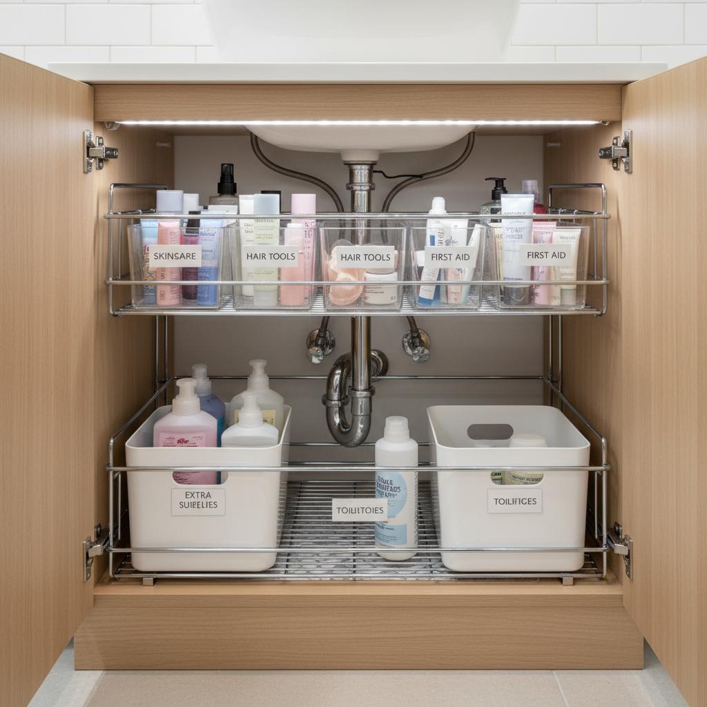 Under-sink bathroom vanity organized with pull-out bins and labeled zones