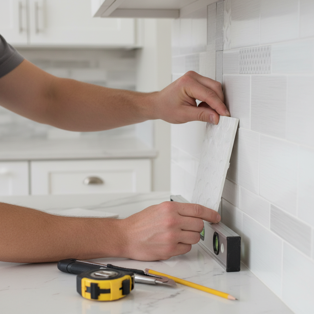 Peel-and-stick backsplash installation close-up with tools on counter