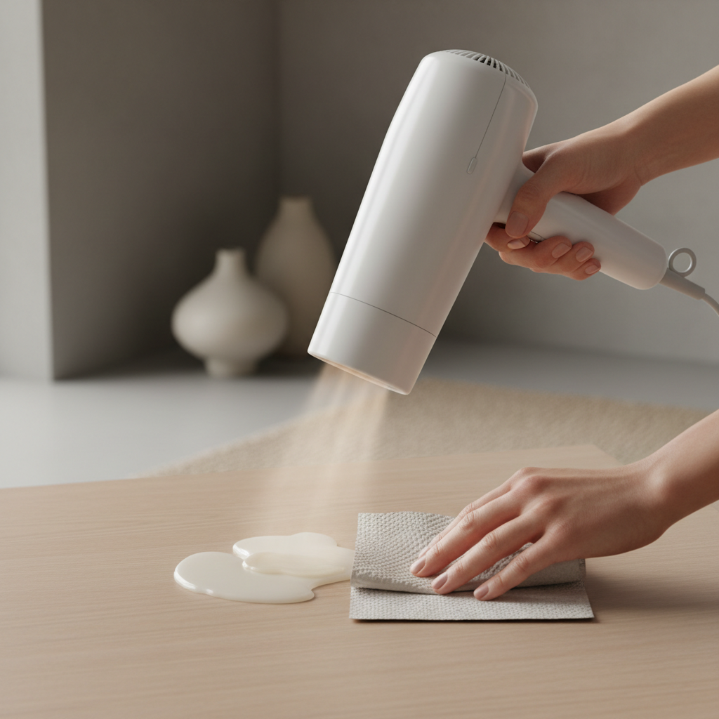 Blotting softened candle wax with paper towels while using a hair dryer on low heat