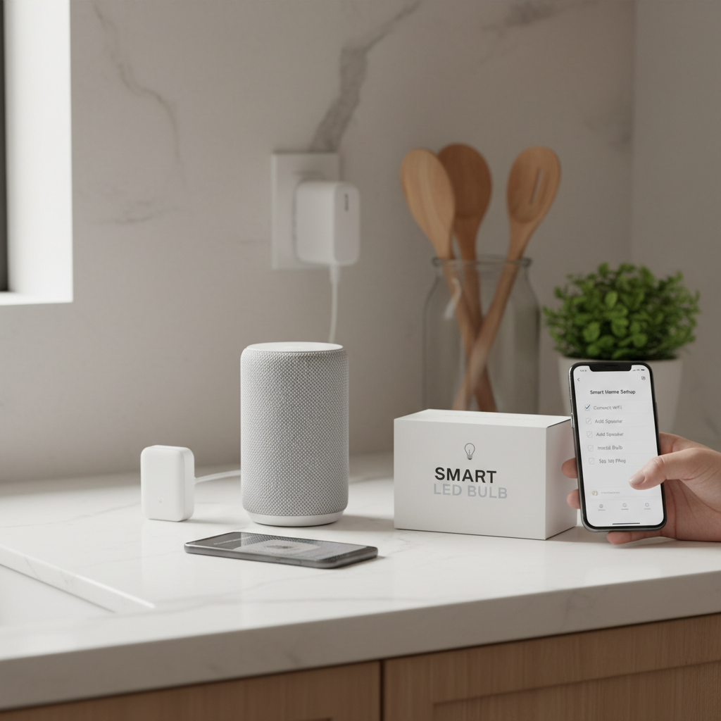 Beginner smart home setup checklist with Wi-Fi router, smart speaker, lights, and phone app
