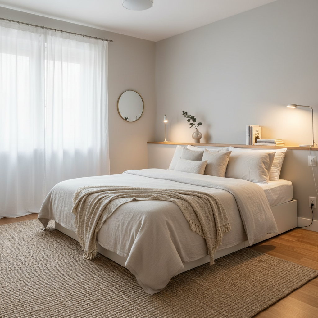 Bedroom rental upgrade with layered bedding, large area rug, and tension rod curtains