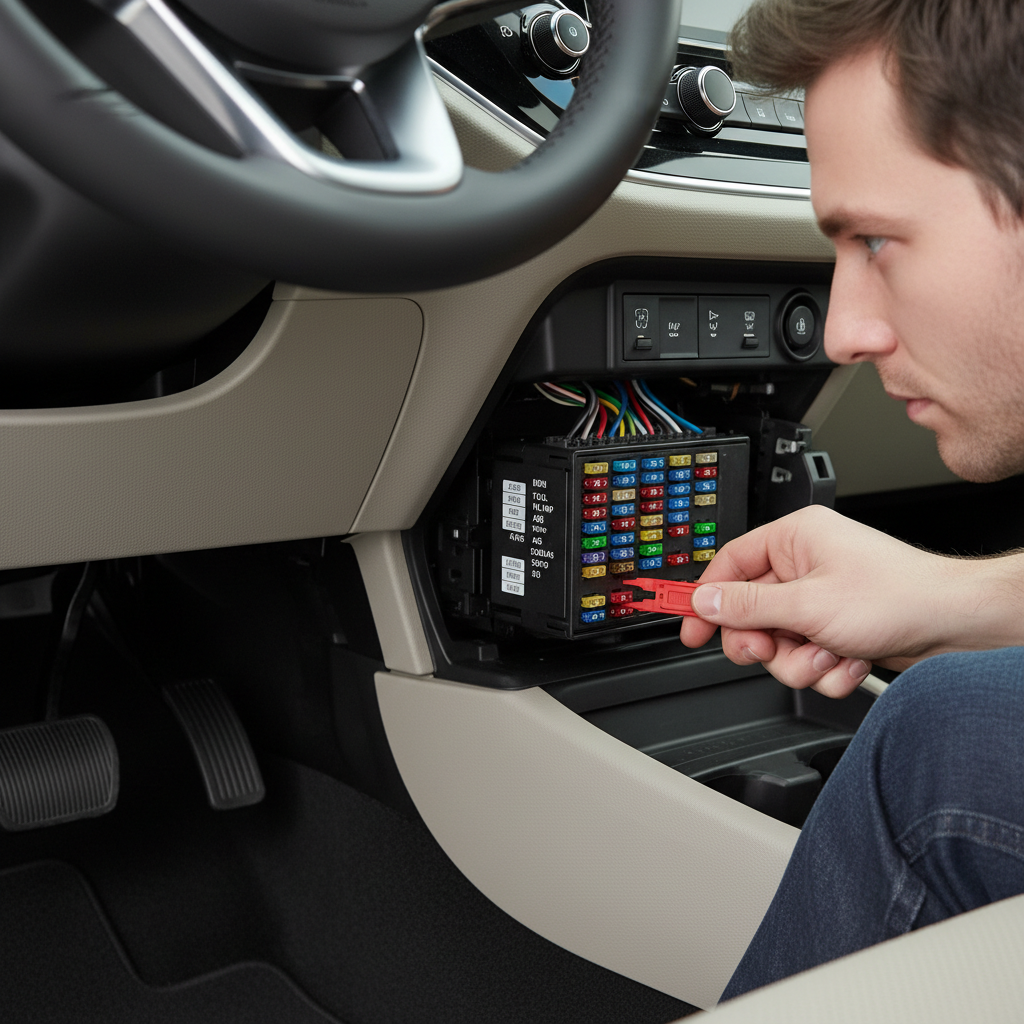Checking car fuse box for power window fuse using fuse puller