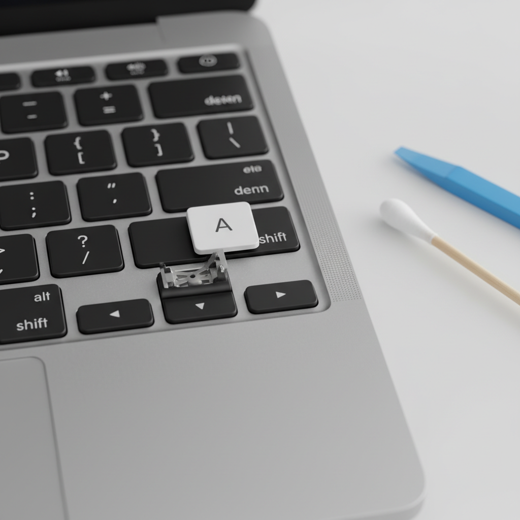 Laptop keycap removed showing scissor switch mechanism for cleaning