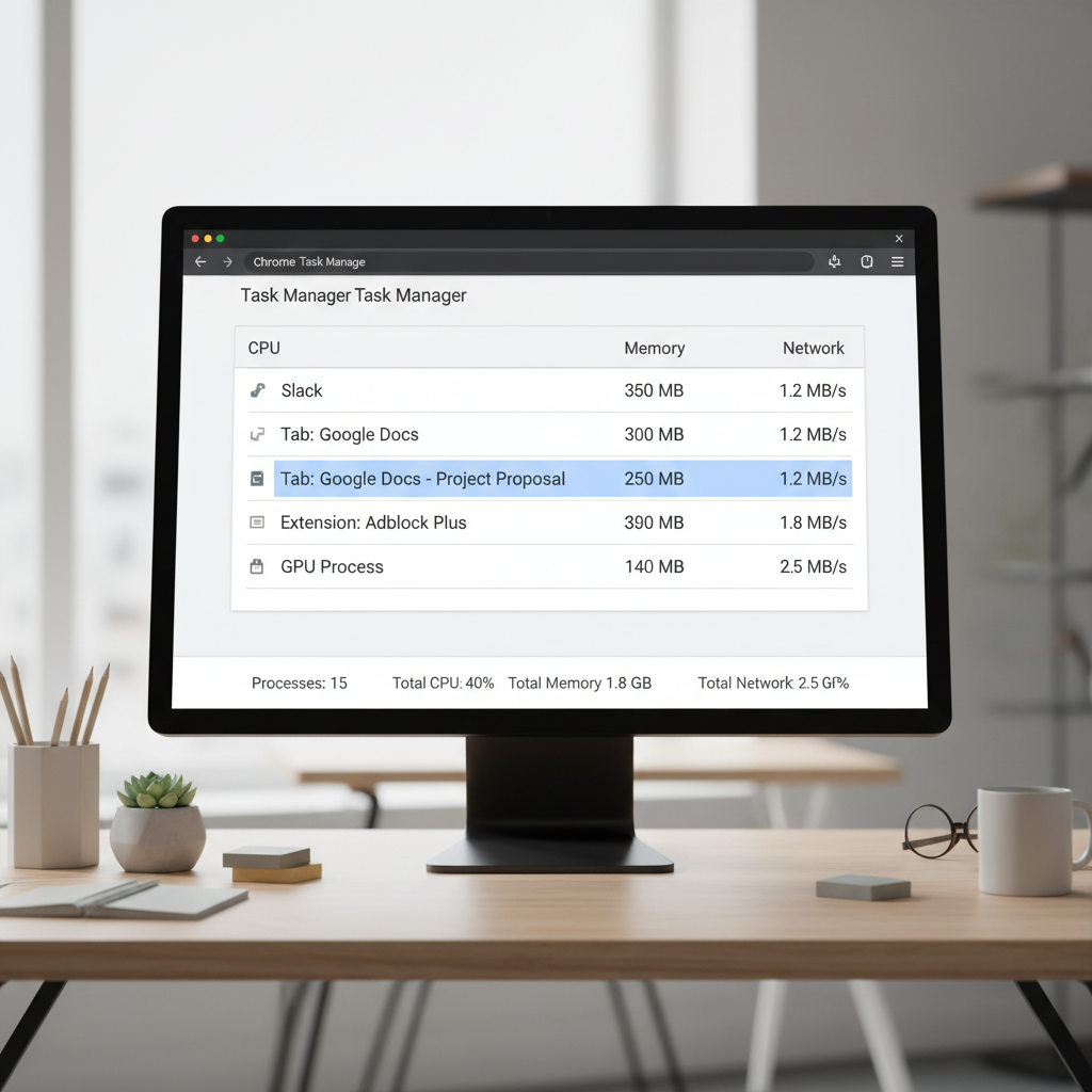 Chrome Task Manager showing CPU and memory usage by tab and extension