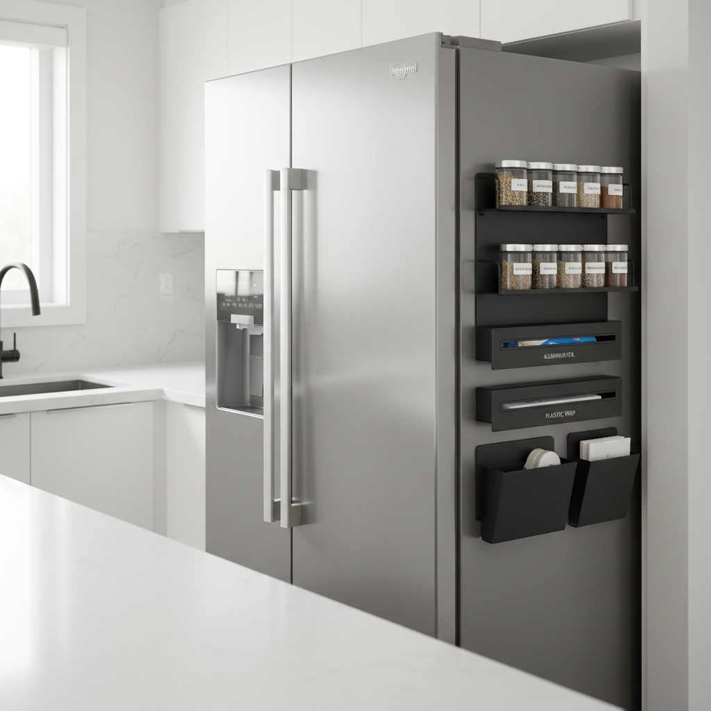 Magnetic organizers on the side of a stainless steel refrigerator storing spices and wraps