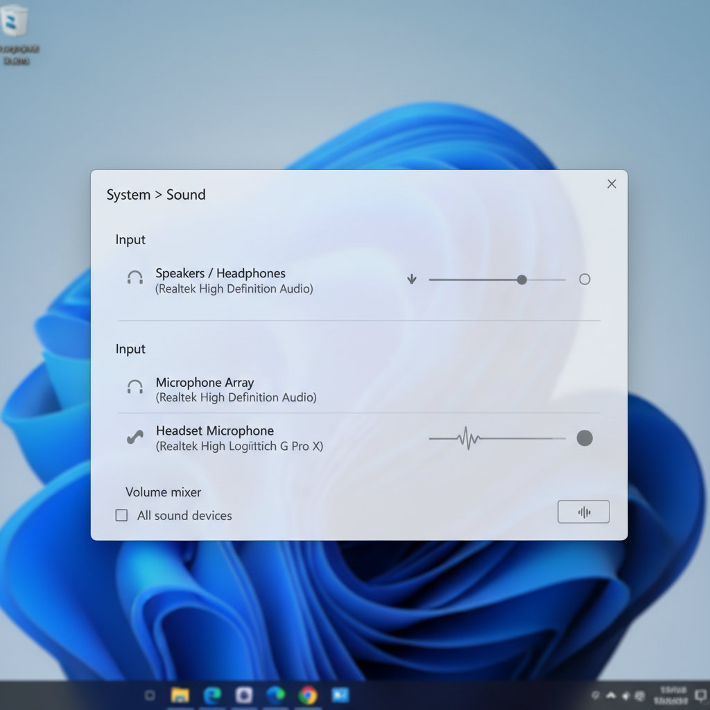Windows audio settings showing microphone and speaker routing to reduce echo