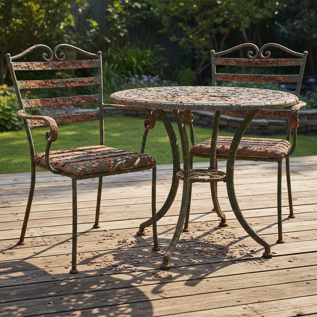 Rusty outdoor metal patio chair on a deck before cleaning
