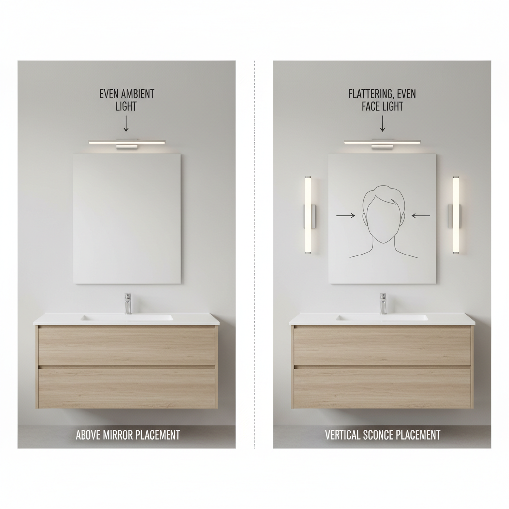 Diagram style view of vanity light placement above and beside a bathroom mirror