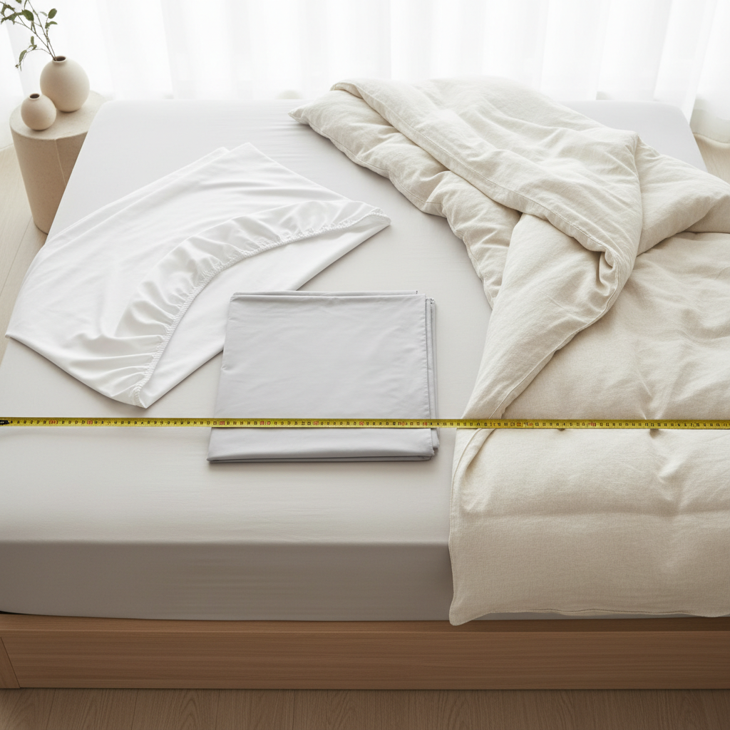 Bedding size comparison layout on a queen bed with measuring tape