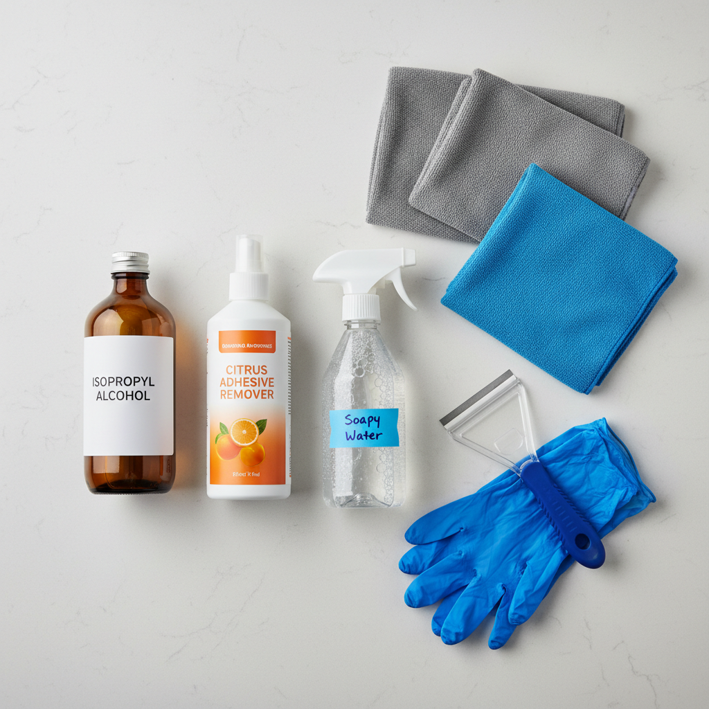 Adhesive removal supplies for glass including isopropyl alcohol, citrus remover, microfiber cloths, and plastic scraper